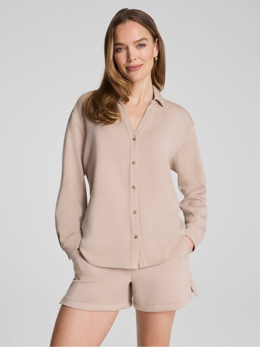 New SPANX Air Essentials Oversized Button Down Shirt in Dune Size Small